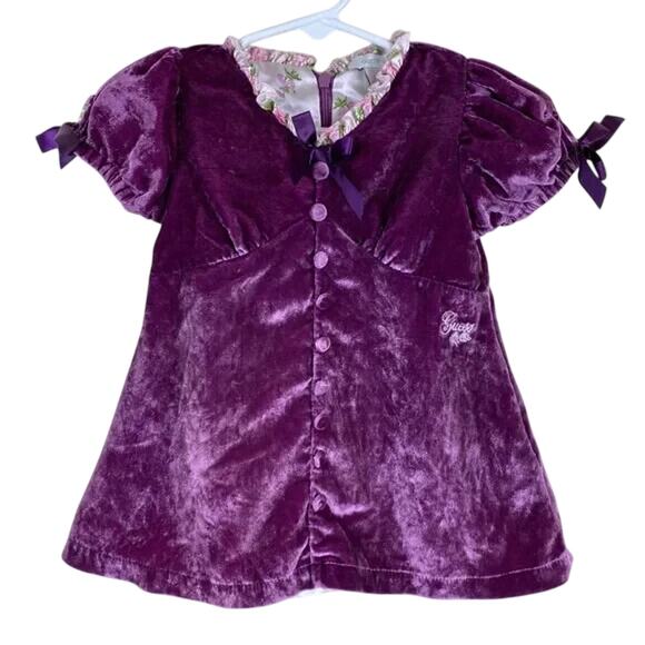 GUESS Baby Crushed Velvet Dress Purple with Buttons Bows Back Zip Sz 12M Velour - Picture 1 of 10
